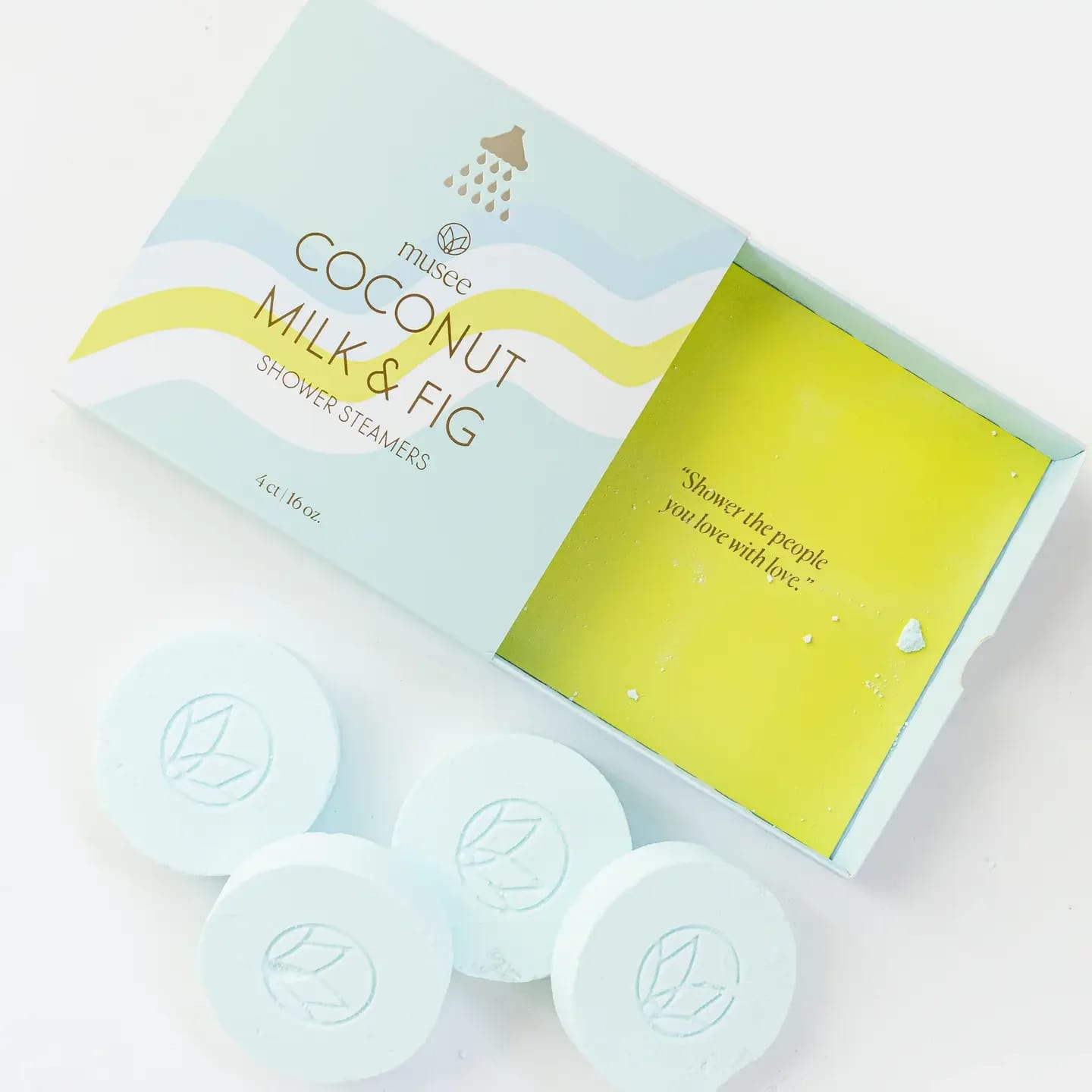 Musee Coconut Milk & Fig Shower Steamers Musee Coconut Milk & Fig Shower Steamers - Treat yourself to a refreshing shower, as warm coconut fragrance fills the air and relaxes your senses. Fragrance: Coconut How to enjoy: Turn on a hot shower and allow room to fill with steam. Place shower steamer on the floor of shower under running water. Enjoy!