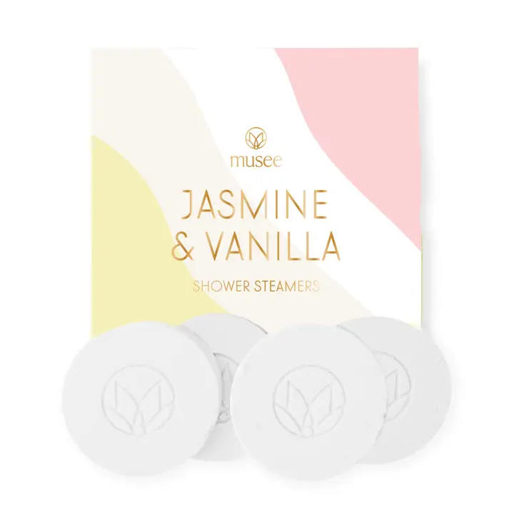 Musee Jasmine & Vanilla Shower Steamers Musee Jasmine & Vanilla Shower Steamers - Relax in a refreshing shower, as eucalyptus essential oil fills the air and calms your senses. How to enjoy: Turn on a hot shower and allow room to fill with steam. Place shower steamer on the floor of shower under running water. Enjoy! Ingredients - Sodium Bicarbonate, Citric Acid, Fragrance Oil, Eucalyptus Essential Oil, and Coloreze.