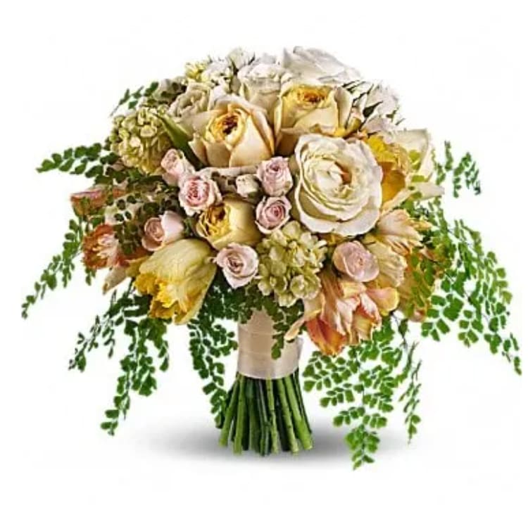 Best of the Garden Bouquet - Fresh-picked perfection! This soft, romantic bouquet unites luxurious blooms like garden roses and parrot tulips with delicate maidenhair fern. Light yellow and white garden roses with crÃ¨me spray roses, light yellow stock, yellow parrot tulips and stems of maidenhair fern.