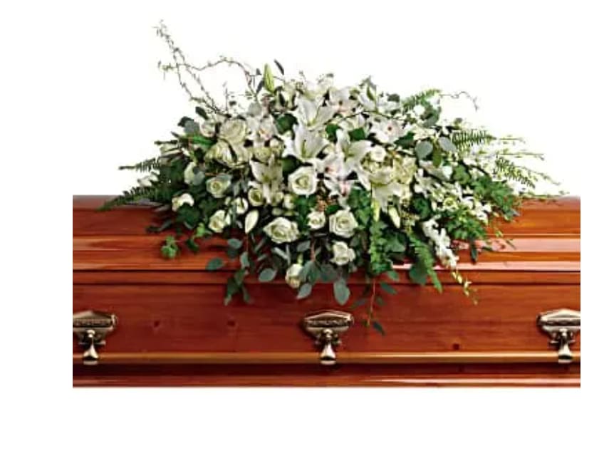 Grandest Glory Casket Spray Grandest Glory Casket Spray - As serene as gently falling snow, this pure white spray of hydrangea, orchids, roses and lilies is a heartfelt symbol of peace and beauty--a symbol that will remain a guiding light to your loved ones for years to come. This stunning spray features white hydrangea, white cymbidium orchids, white dendrobium orchids, white roses, white spray roses, white oriental lilies, curly willow, green ivy, parvifolia eucalyptus, seeded eucalyptus, silver dollar eucalyptus, sword fern, and lemon leaf.