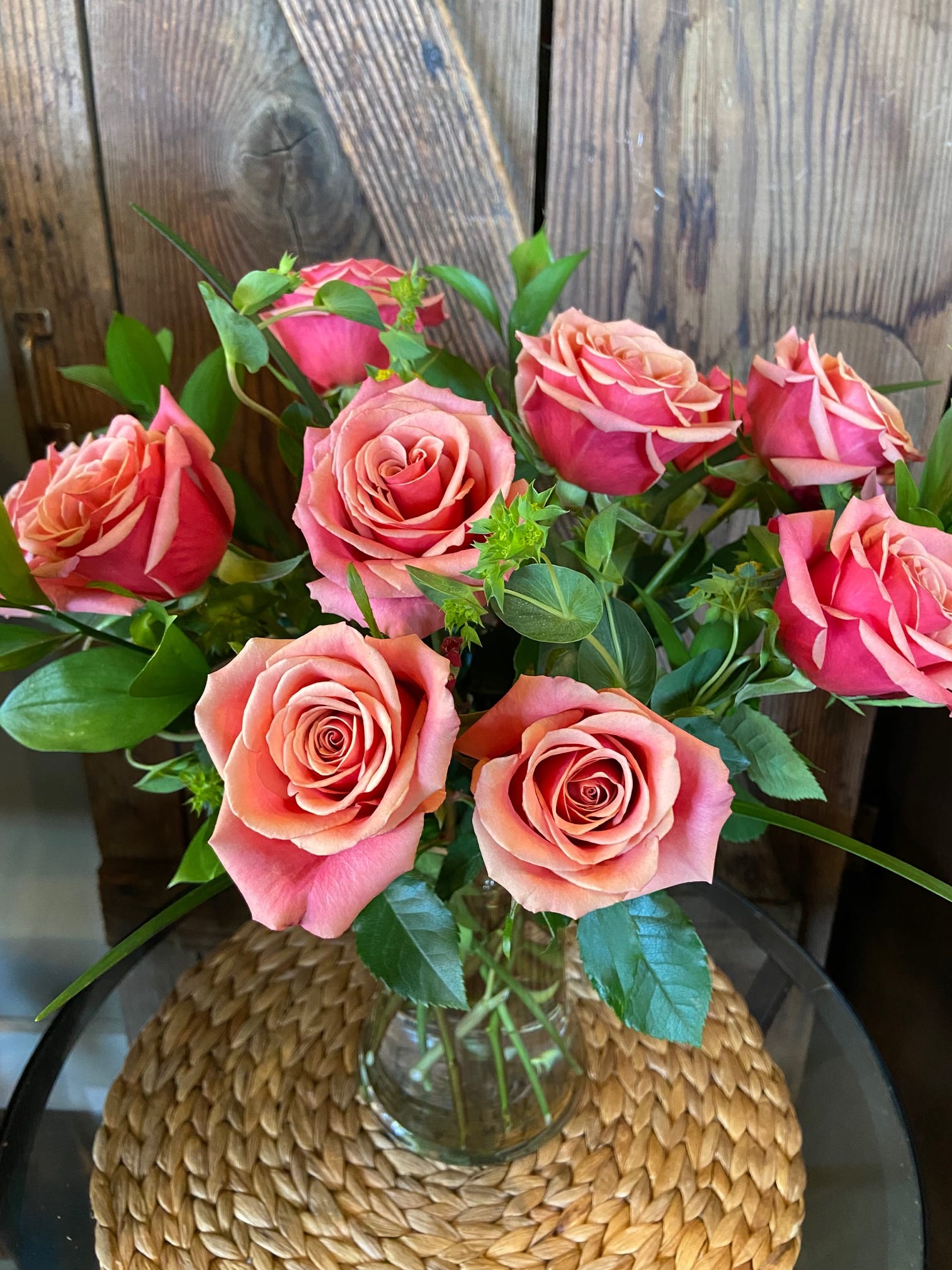 Dozen Premium Summer Color Roses - Medium length Premium Summer Color Arranged in a Classy Clear vase with Greenery.  Sure to Please! 