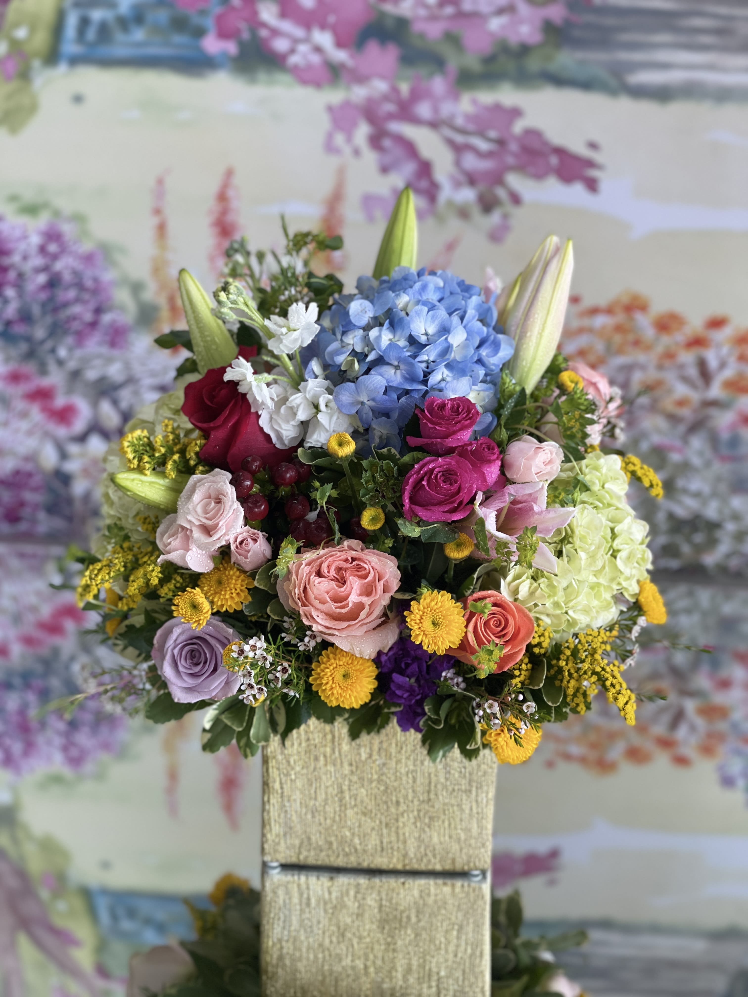 Best Day Bouquet by Atlanta's Finest Flowers  - This assorted Flower arrangement is a wonderful &quot;just because&quot; gift, sure to brighten her day and lift her spirits. Delivered in a Gold Cube vase 6x6   