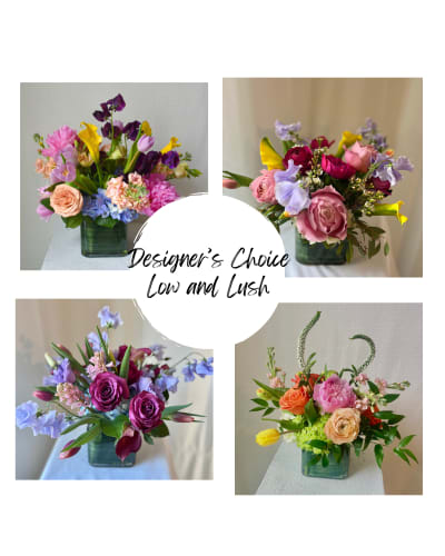 Designer's Choice Low &amp; Lush - Trust our designer to create a beautiful, low and lush arrangement featuring a base of  premium flowers such as roses and hydrangeas in a contemporary vase. Our designer will then finish your arragement with seasonally available flowers.   This design is highly customizable to match the time of year and your specific color scheme.