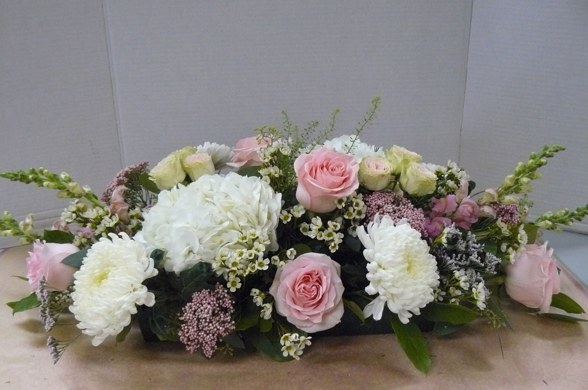 Bright &amp; Beautiful  Centerpiece.(Pre-Order) - Roses, Hydrangea, Snapdragon, Cremons, Limonium, WaxFlower, Spray Roses, Rice Flower &amp; Fancy Greens cUSTOM CENTERPIECES AVAILABLE   Call The Store  908-234-2900
