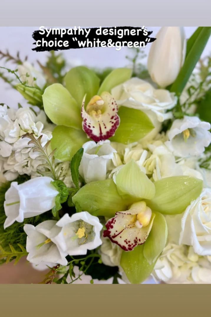 Sympathy Designer's Choice White&amp;Green - Our talented in-house design team at Little Peony will create a custom arrangement with the day's freshest and most beautiful blooms for that person in any style! Choose from 3 different price points!