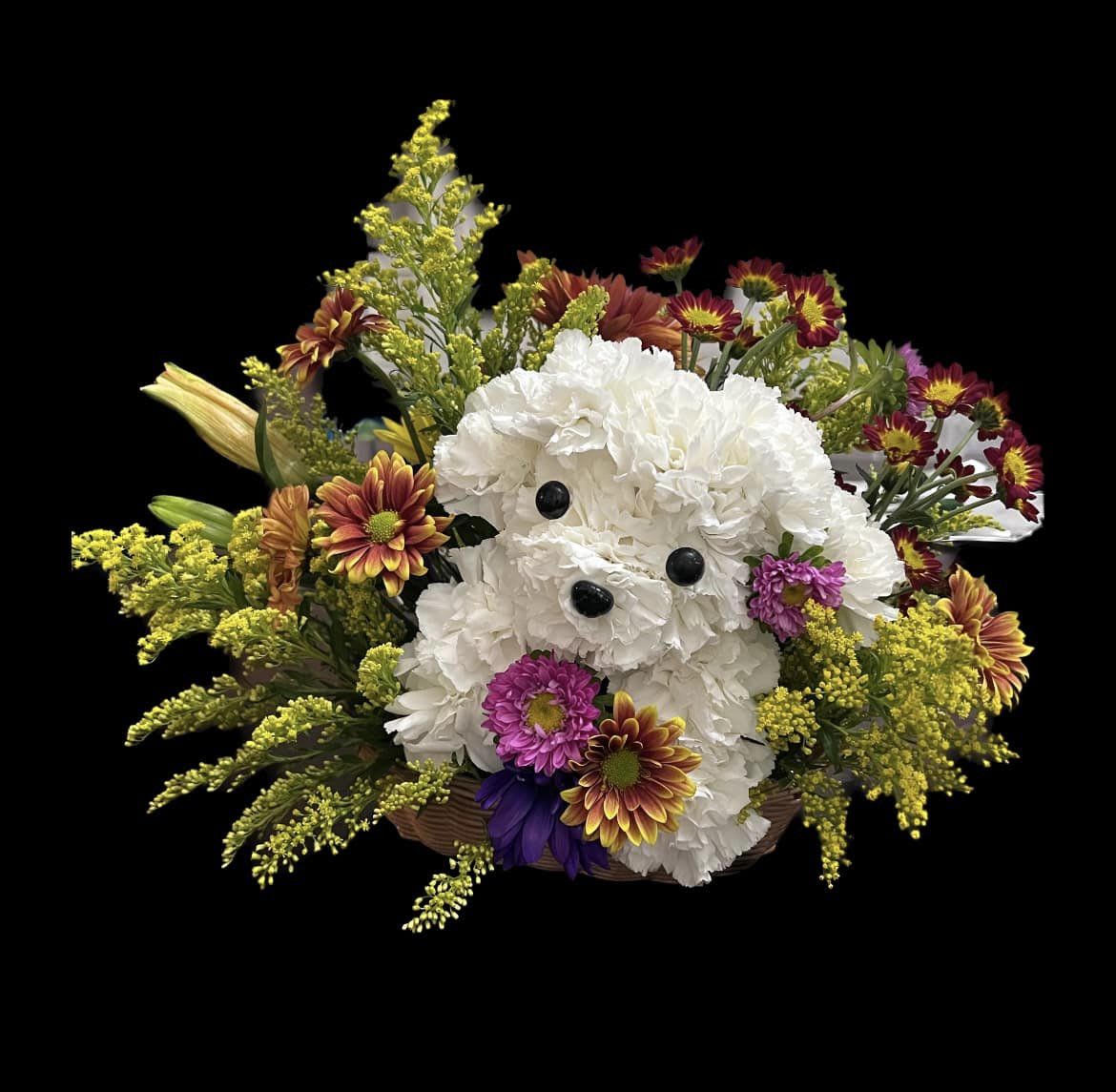 Poodle in the Fall Poodle in the Fall - White Carnations Poodle mixed with Fall Flowers. We can also custom your color theme; please specify in the notes for the florist/special instructions before you check out.