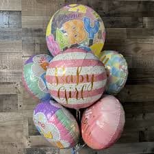 Baby Girl Balloon Bouquet  - Celebrate the arrival of the precious baby girl with our charming Baby Girl Balloon Bouquet, available in three sizes to suit your celebration:  Standard: 3 mylar balloons featuring adorable baby girl designs 5 latex balloons in assorted colors Deluxe: 5 mylar balloons featuring sweet baby girl designs 3 latex balloons in assorted colors Premium: 8 mylar balloons featuring delightful baby girl designs 5 latex balloons in assorted colors Please note that colors and styles may vary, but each bouquet is guaranteed to add a whimsical and celebratory touch to your special occasion.