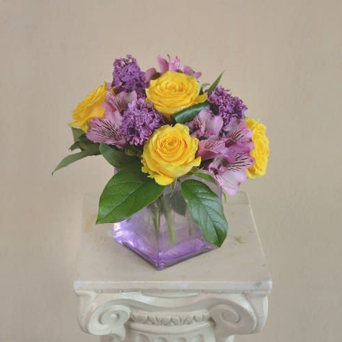 Purple Sunset vista - Yellow Roses, Purple Alstroemeria and Stock purple in a Lavender cube vase.