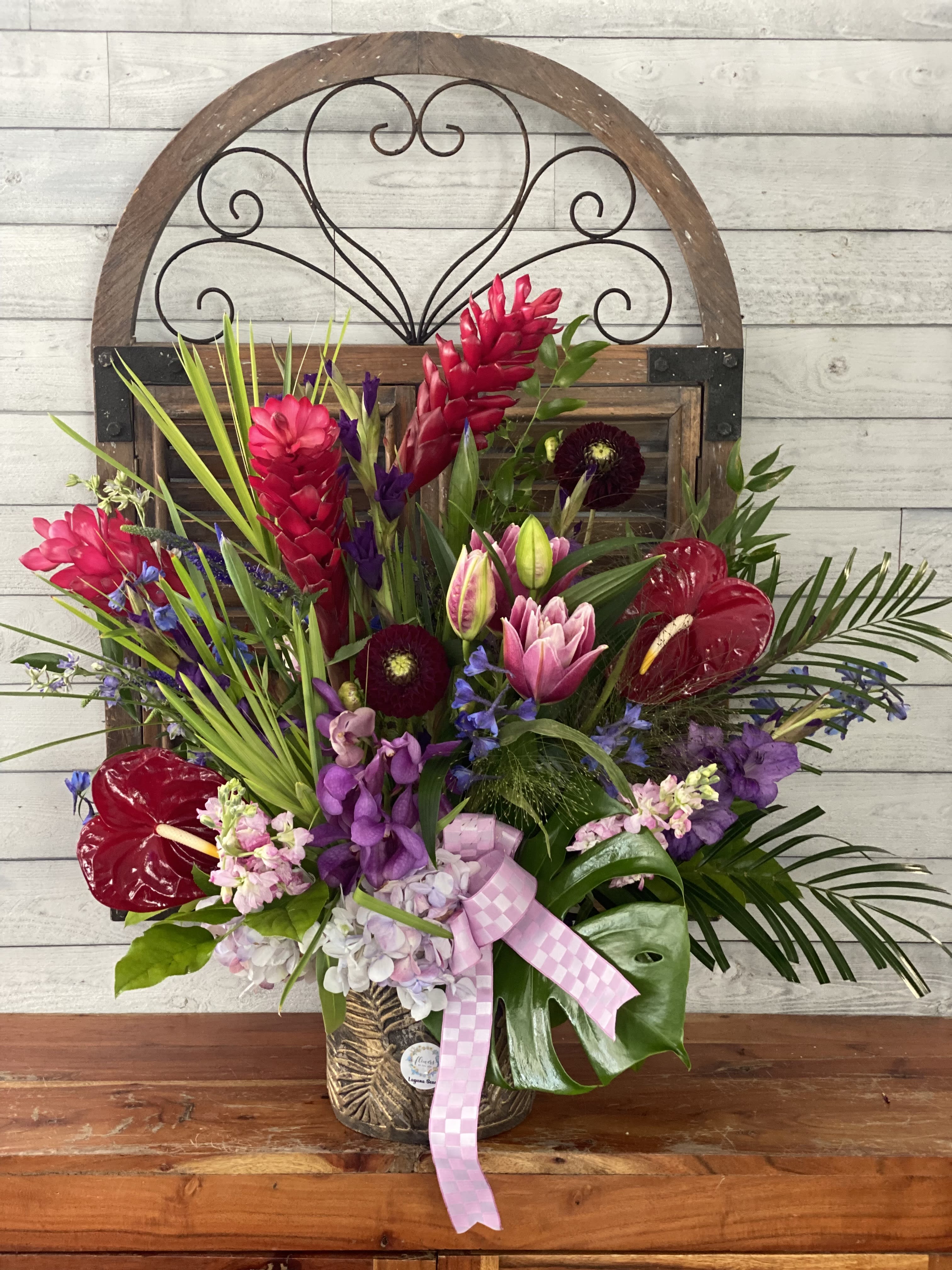 Aloha Oe Aloha Oe - Tropicals purple and red, in ceramic vase.