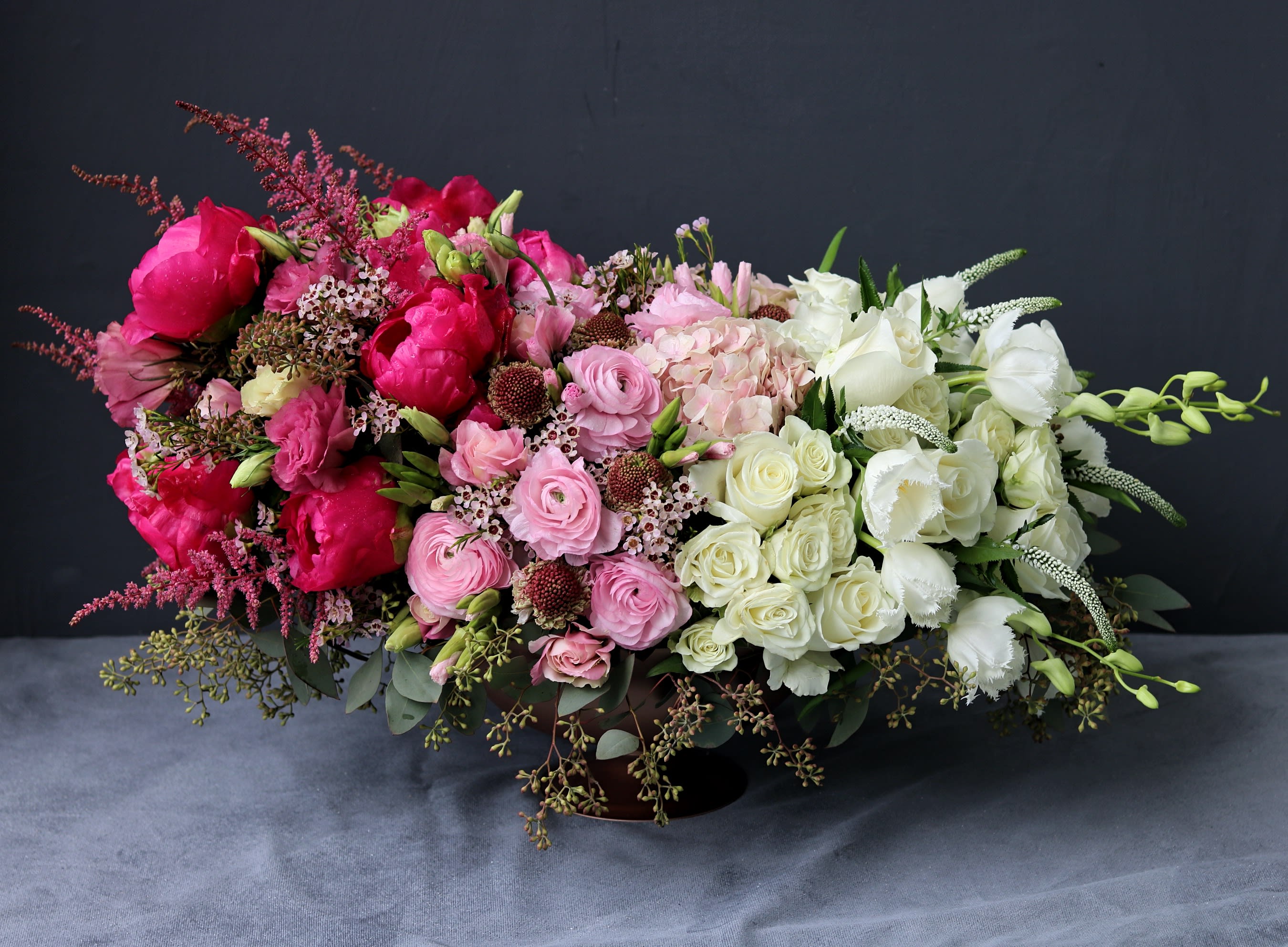 enchanted garden enchanted garden - Luxury white to pink florals such as peonies, ranunculus, roses, lisianthus, hydrangeas and others beautifully laid out in a metallic pedestal vase. Handwritten card is included. Send the most beautiful flowers for that special someone. Next day delivery available to Tequesta, Jupiter, Palm Beach Gardens and Palm Beach.