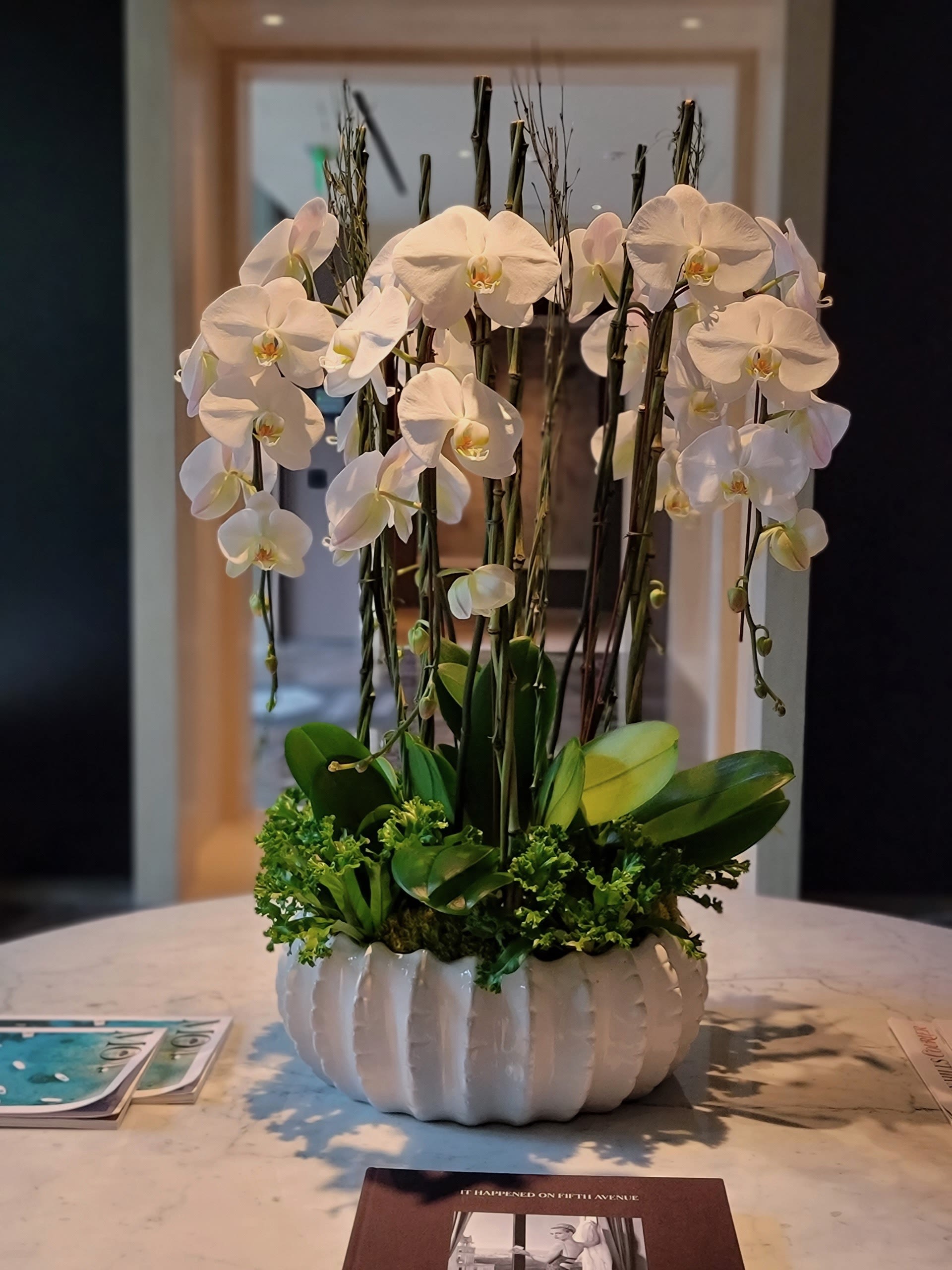 White Harmony - A graceful display of cascading white Phalaenopsis orchids rising elegantly among natural branches and lush greenery, all nestled in a sculpted white ceramic bowl. This refined arrangement brings timeless beauty and serenity to any setting.