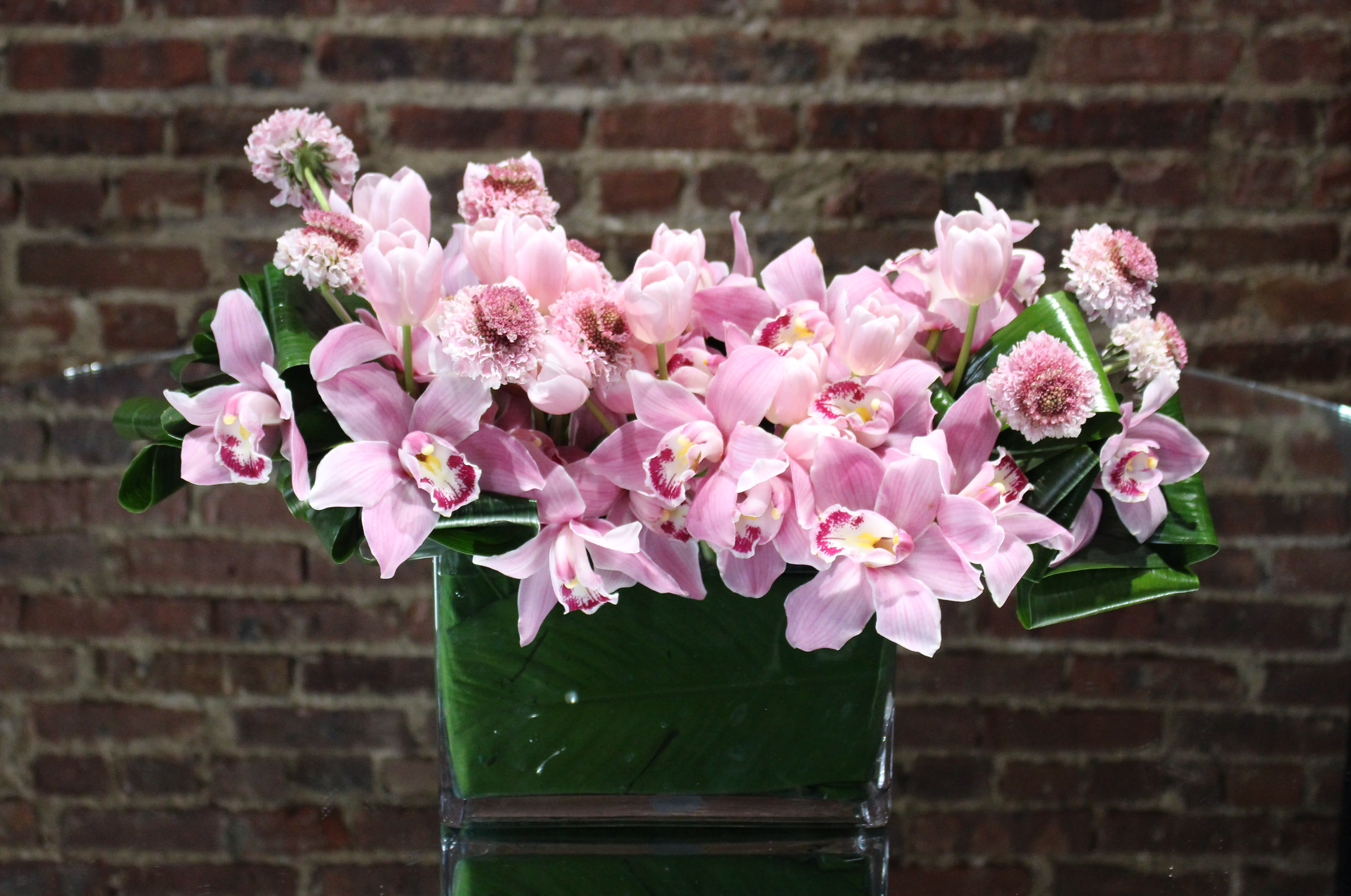 Alluring Pink Cymbidium - An attractive and stylish arrangement of alluring pink cymbidium orchid blooms choreographed with lush pink tulips and decorative scabiosa bloom accents. 