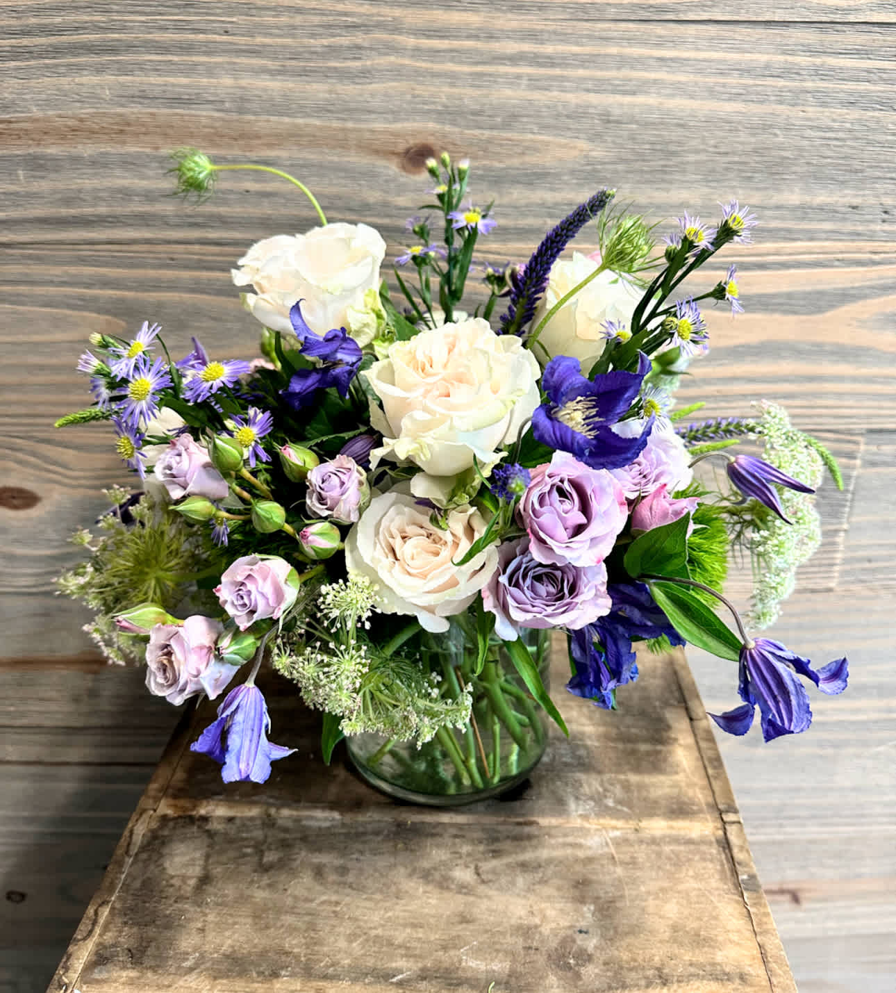 Amethyst Dream - A garden style arrangement of summer seasonal blooms in soft lavender, dusty purples and whites.