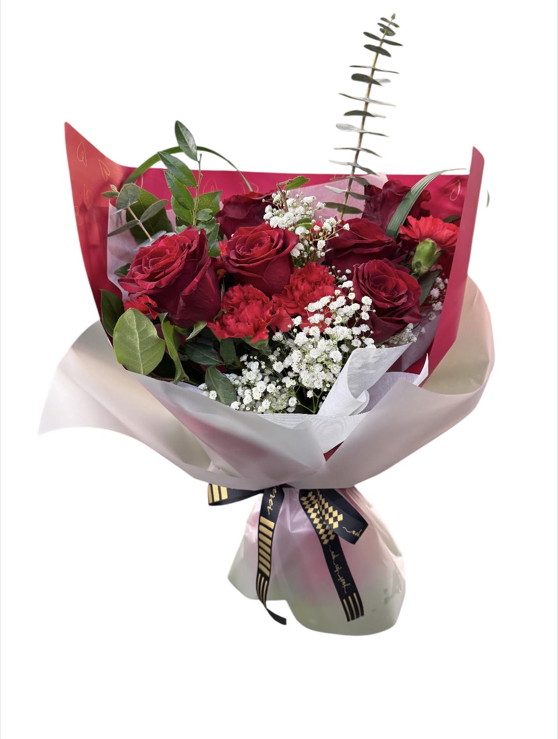 Red color mix bouquet - with red roses, carnations, white baby's breath, etc.