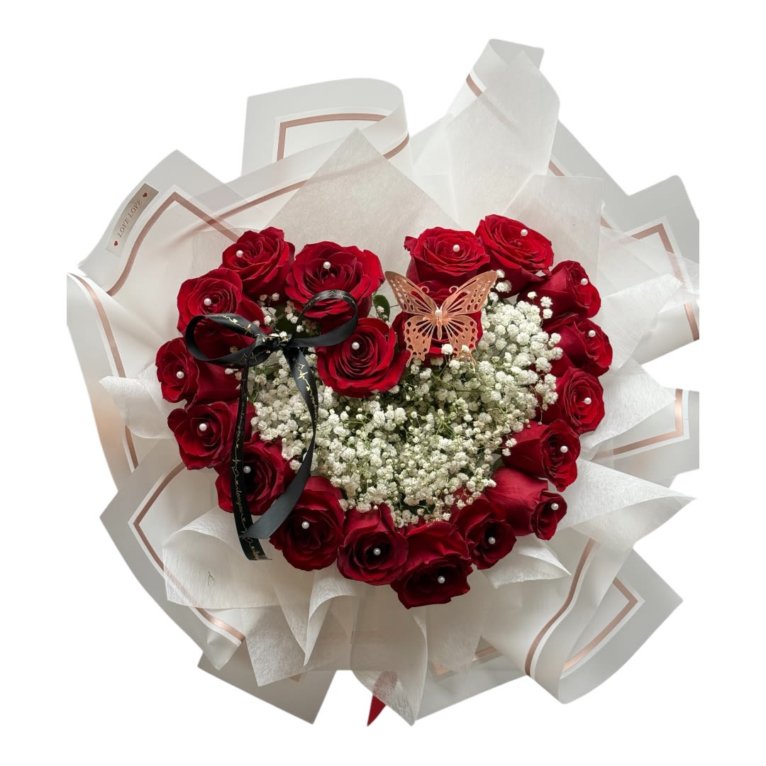 BB in a Heart -  red rose with baby breath