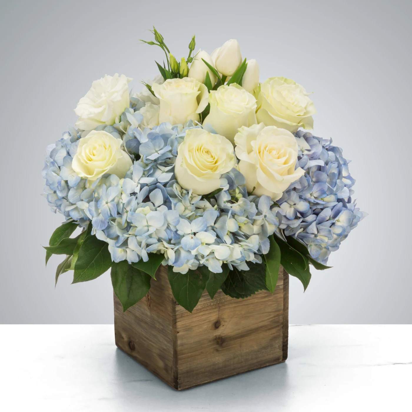 Sail Away by BloomNation™ Sail Away by BloomNation™ - Send something to let them know you care. Featuring blue hydrangea, white tulips, and white roses this arrangement is a nice way to show you are thinking of somebody in their time of need. Approximate Dimensions: 12"D x 14"H