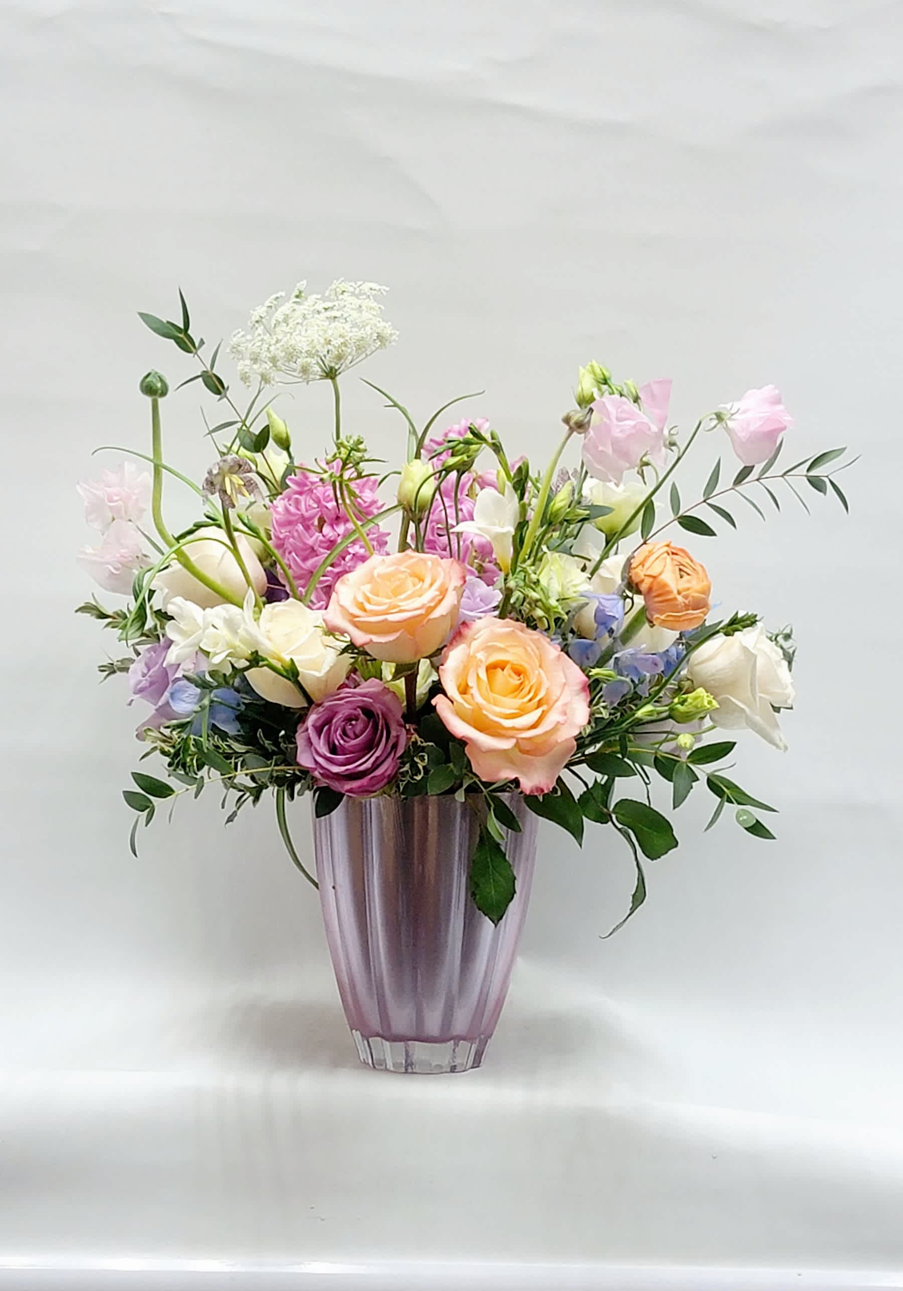 Love mom Love mom - Queen Ann lace. Roses. Green. Freesia. Lisianthus. Sweet pea