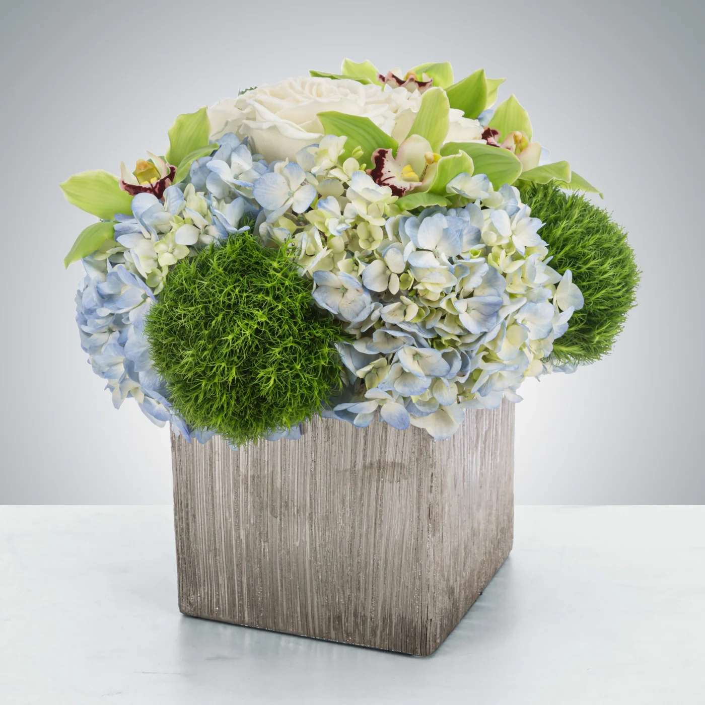 Sterling by BloomNation™ Sterling by BloomNation™ - A blue and green arrangement in a stylish silver vase, this arrangement is a cool colored dream. Featuring blue hydrangea, green cymbidium orchids, and white roses this arrangement makes a great thank you gift or new baby present. Approximate Dimensions: 10"D x 11"H