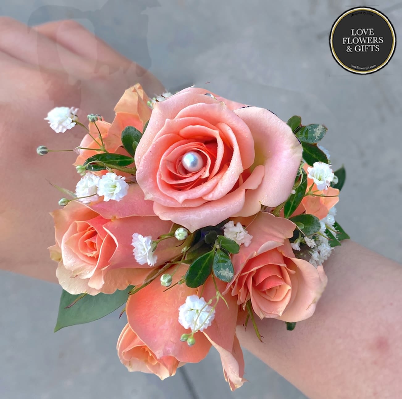 Peachy Coral (Corsage and Boutonnière Set)   - For Prom, Homecoming, Dad and Daughter Dance, Weddings and more. PLEASE ORDER A MINIMUM OF 1 DAY IN ADVANCE.   - Corsage (1st photo) - Made with mini peach roses, filler flowers, greenery, and ribbon - Boutonniere (2nd photo) - Matching rose with filler flowers, greenery, and ribbon.  If you like us to switch out certain flower/ribbon color, please write at &quot;Florists Instructions&quot; at Checkout (Depending on availability, filler flowers and greenery may slightly vary)