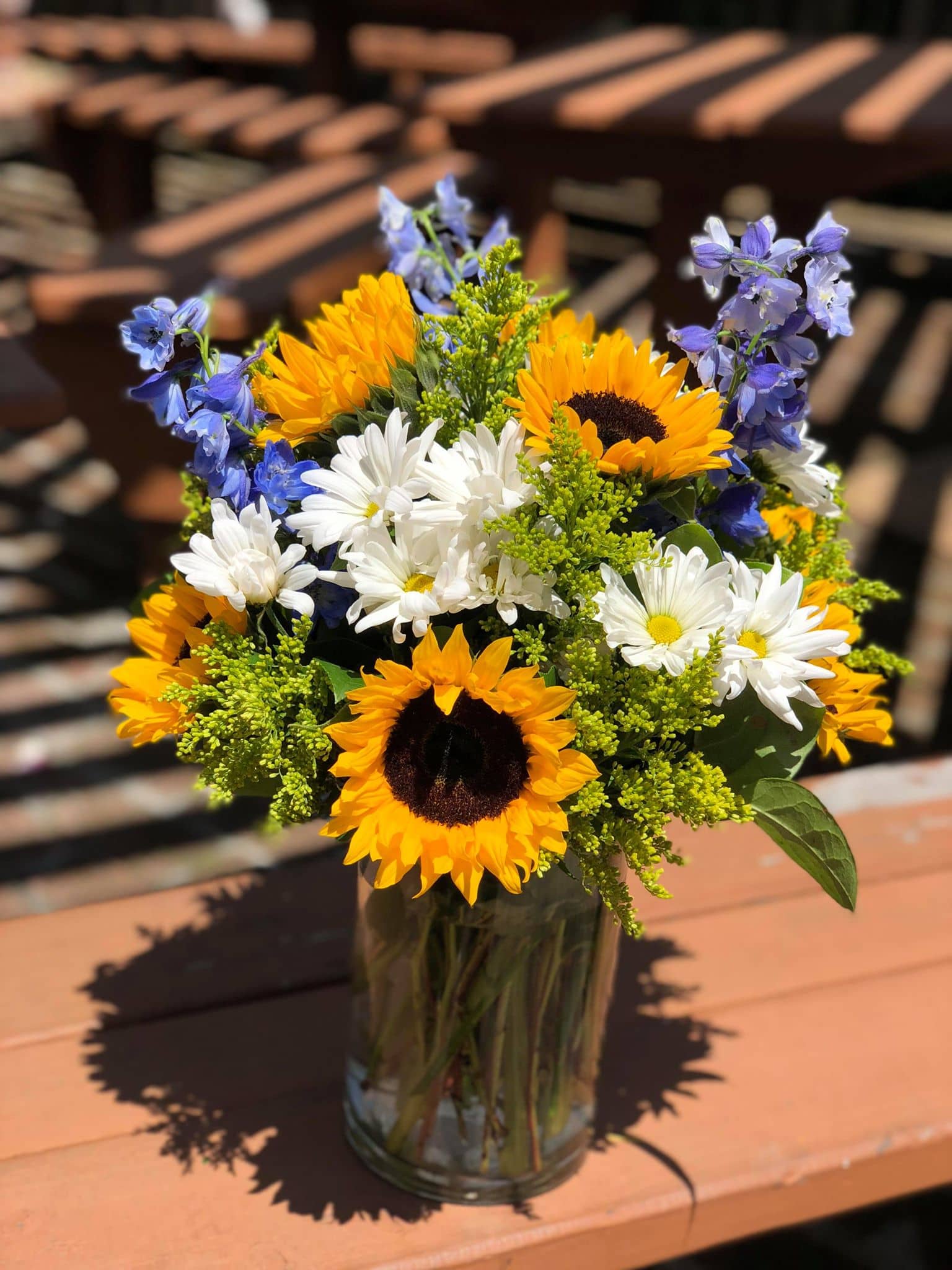 Summer Magic Summer Magic - - 5 sunflowers - White dasies - Blue Delphinium - Solidago