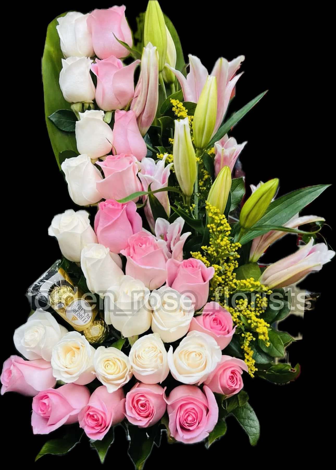 ONE FACE PINK AND WHITE ARRANGEMENT  - ONE FACE PINK AND WHITE ROSES WITH PINK LILIES  