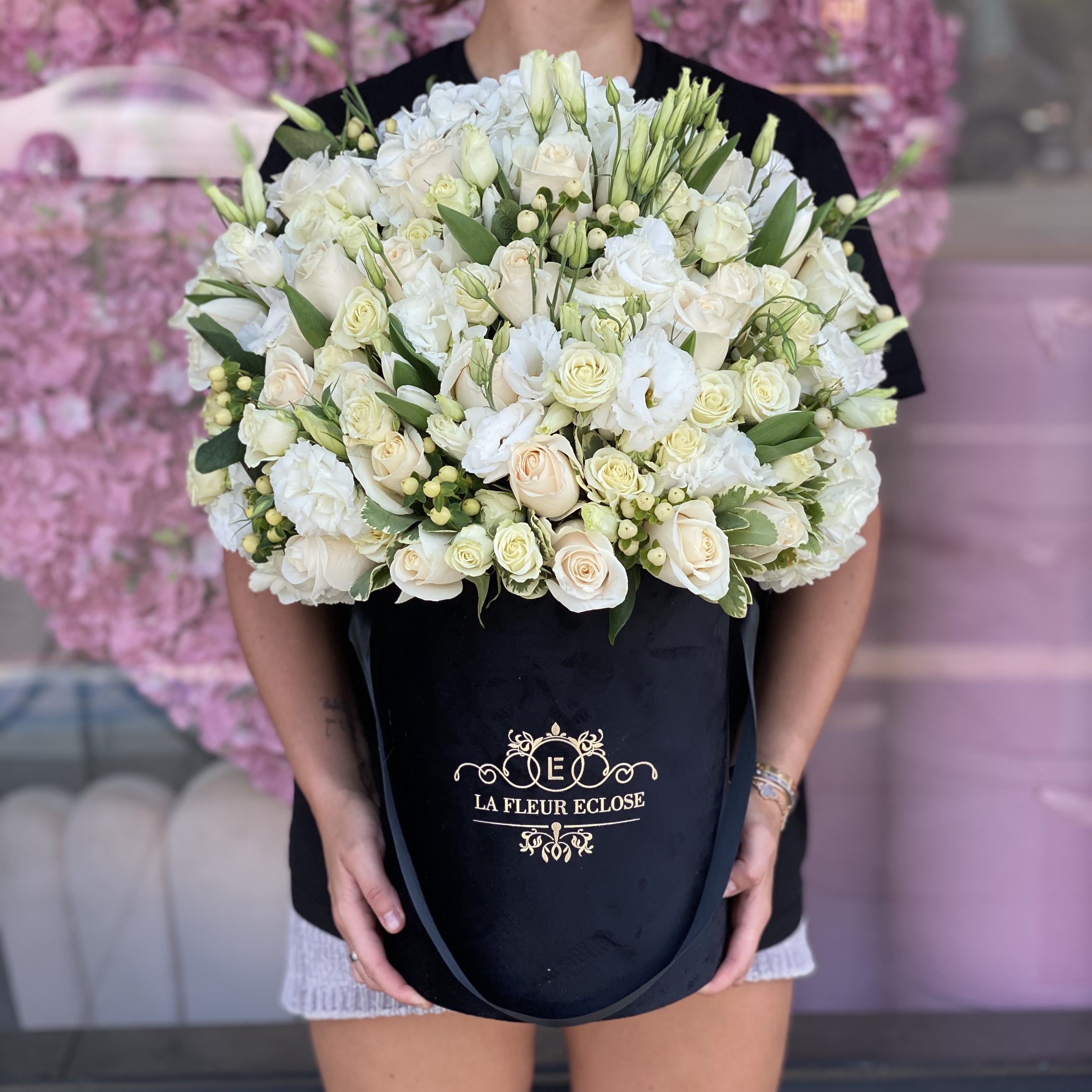 Cold Beauty(velvet box) - Black signature box with mix flower arrangement of white flowers like hydrangeas, roses, lisianthus, baby roses, etc
