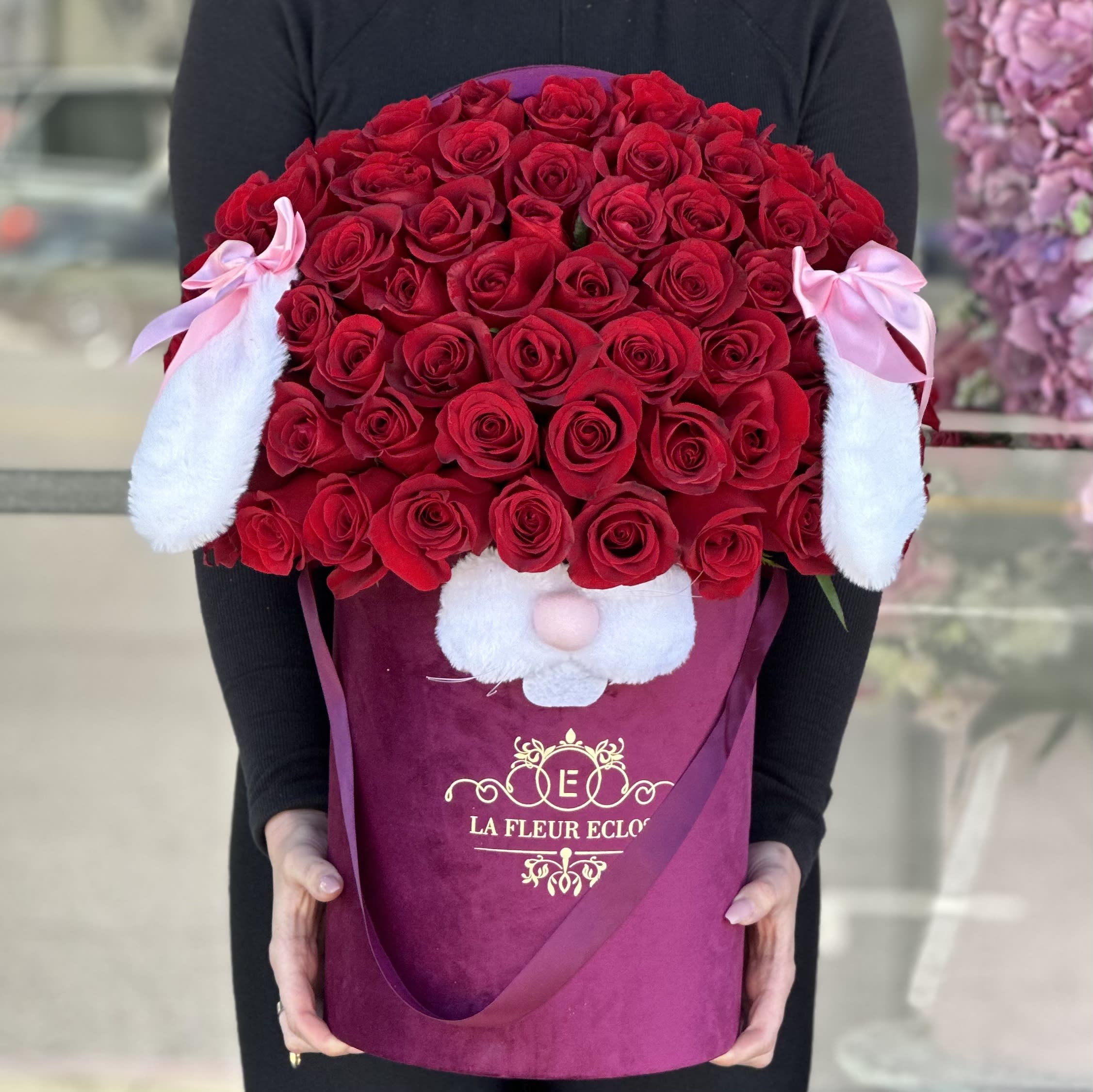 Curly Bunny - Standard-60 red roses Deluxe- 75 red roses