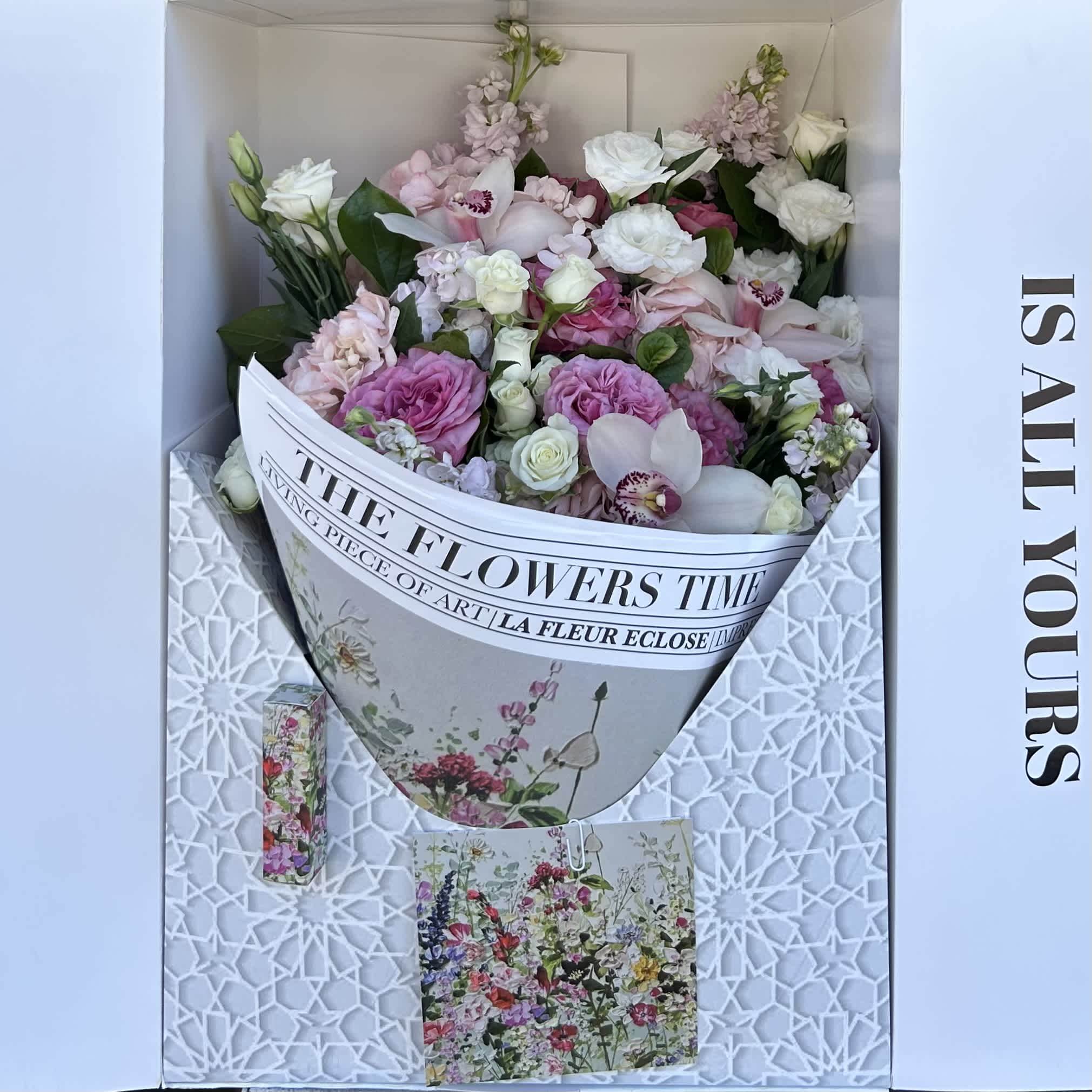 The Art IS ALL YOURS  - Introducing our The Art IS ALL YOURS  Hand-Tied Bouquet , in our custom designed box a vision of timeless beauty and grace. Immerse yourself in a world of delicate hues as shades of pink come together in this exquisite arrangement. Each bloom is hand-selected to create a harmonious blend that embodies the elegance and charm of this romantic color palette.