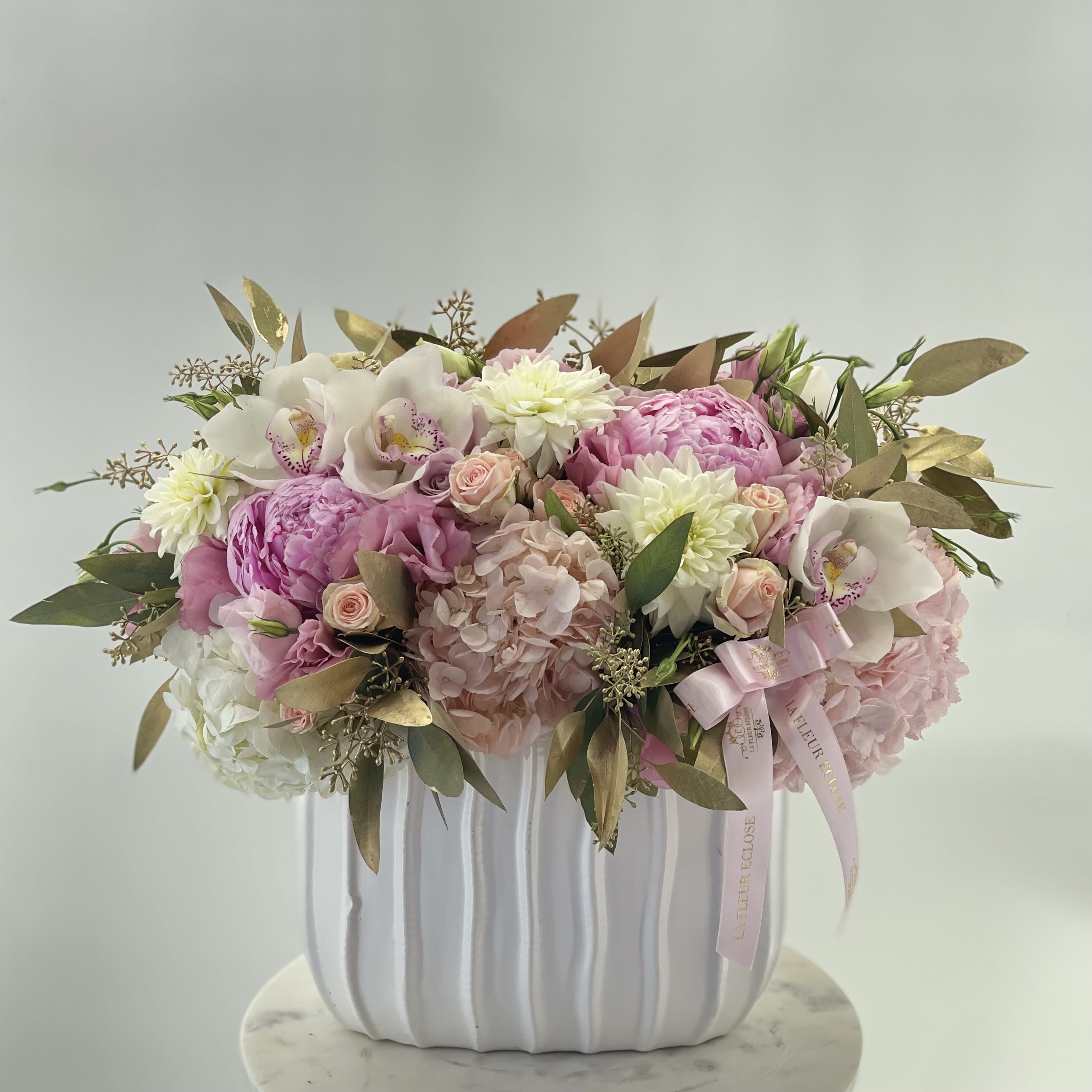 Where is the love ?  - mix of flowers with peonies ,orchids ,spray roses and hydrangeas  and golden leaves 