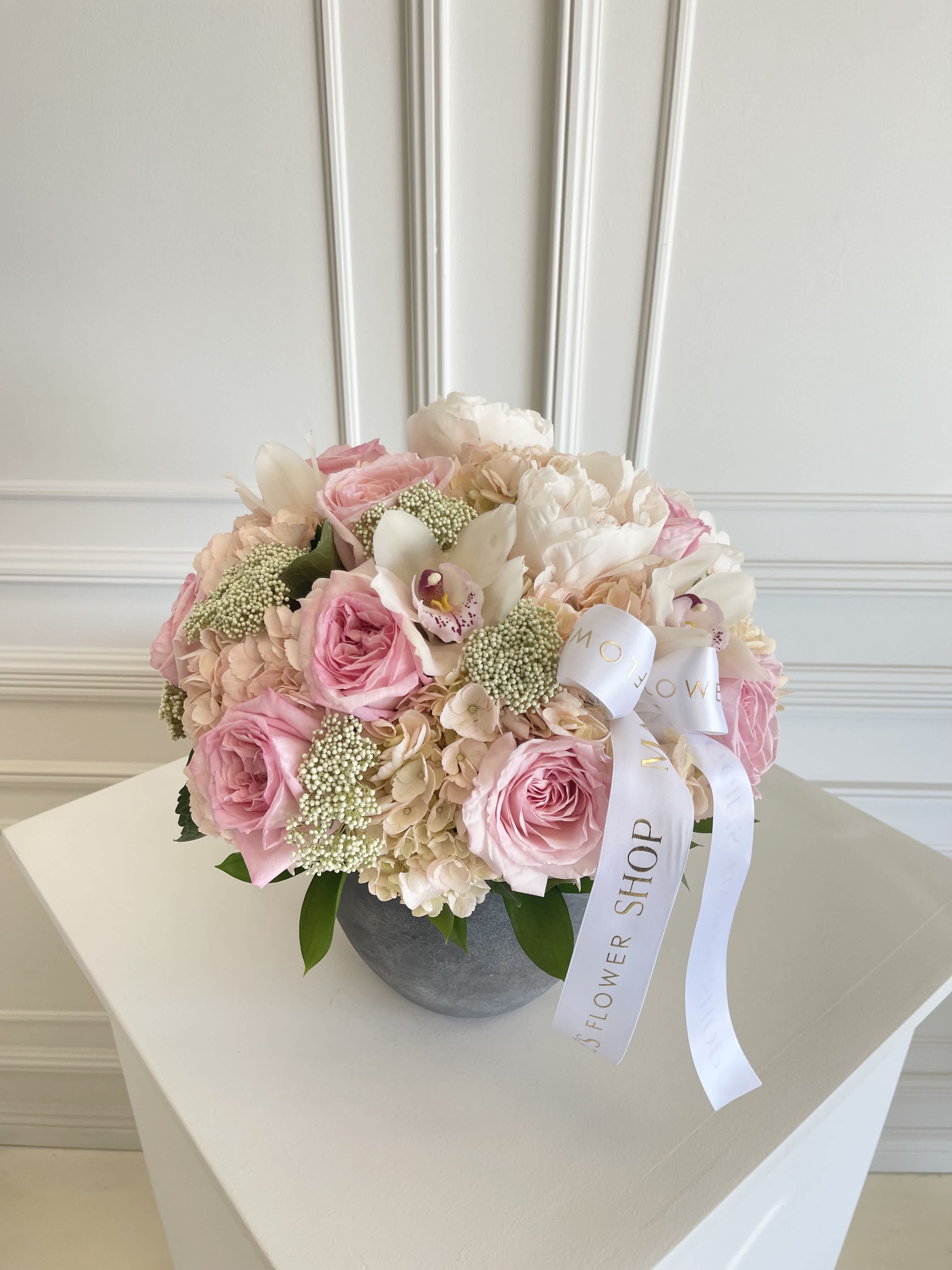 MFS Peony Garden Blooms (Cement Vase) MFS Peony Garden Blooms (Cement Vase) - Peonies Roses Hydrangeas