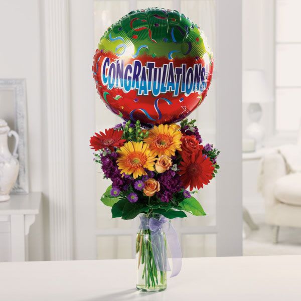 Hooray For You! Hooray For You! - SKU: Gerber-4 Celebrate any grand accomplishment with this grand bouquet of roses, Gerbera daisies, larkspur and hypericum, topped with a Congratulations balloon!