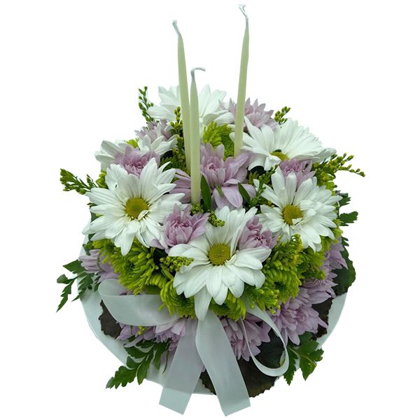 Blooming Birthday Cake - Celebrate a birthday with a delightful &quot;Blooming Birthday Cake&quot; floral arrangement adorned with light purple flowers, white daisies, and three candles for a touch of festivity. With our same-day flower delivery, you can promptly send this charming and creative bouquet that mimics the joy of a birthday cake. The light purple blooms and white daisies add a soft and elegant touch, while the candles bring a celebratory flair. Order now to surprise and delight someone special on their birthday with this unique and blooming birthday cake, a perfect and cheerful alternative to a traditional cake. 
