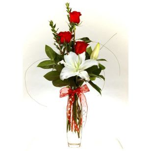 Elegant Love - Elegant Vase of Red Roses and White Oriental lilies