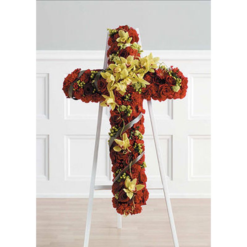 Rose Cross - Cross of all vibrant red roses and carnations accented with cymbidium orchids. 