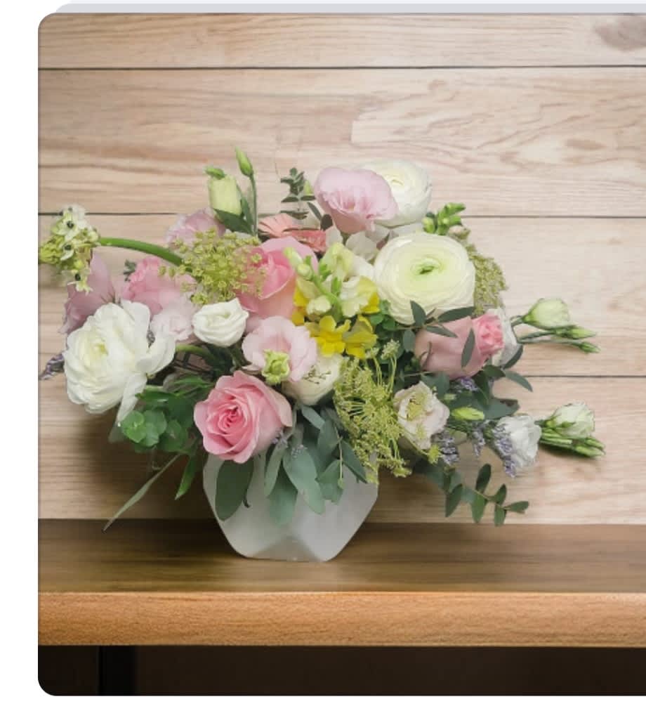 Lovely Day Lovely Day - White Ranunculus. Pink Lisianthus. Pink rose. Pink Gerbera. Ornith Star of Bethlehem. Green