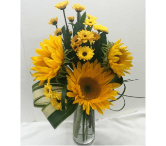 Sunny Sunflowers - vase of sunflowers and vyking mums with aspidistra and lily grass