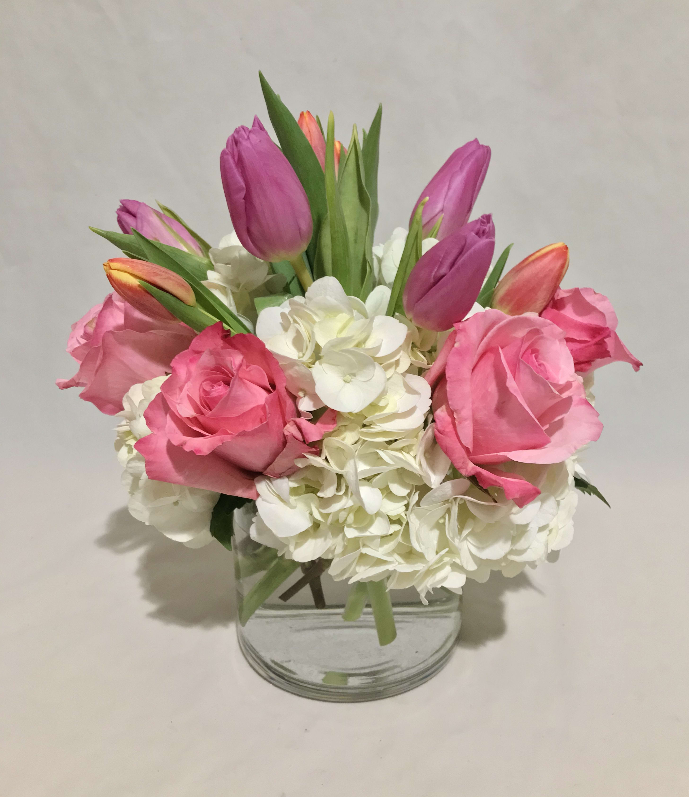 Spring Fever! - A bright and precocious mix of tulips, roses, and hydrangea!