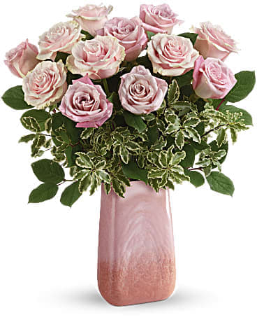 Rose Couture Bouquet - Posh pink roses get the haute couture treatment in this boho-beautiful art glass vase! Inspired by cherry quartz, it's sure to make her Mother's Day a high-fashion affair!