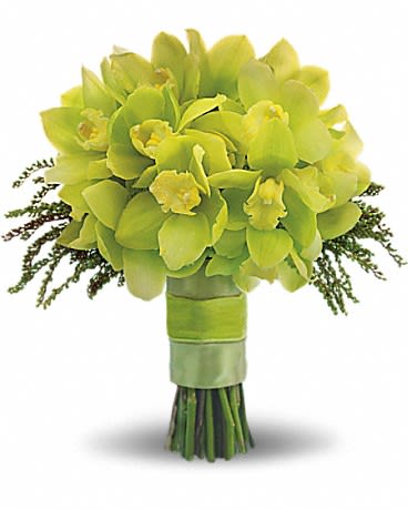 Green Glee Wedding Bouquet Green Glee Wedding Bouquet - Steal the limelight with this chic chartreuse bouquet of cymbidium orchids, hydrangea and delicate pieris japonica. A stunning green array of cymbidium orchids, hydrangea and pieris japonica.
