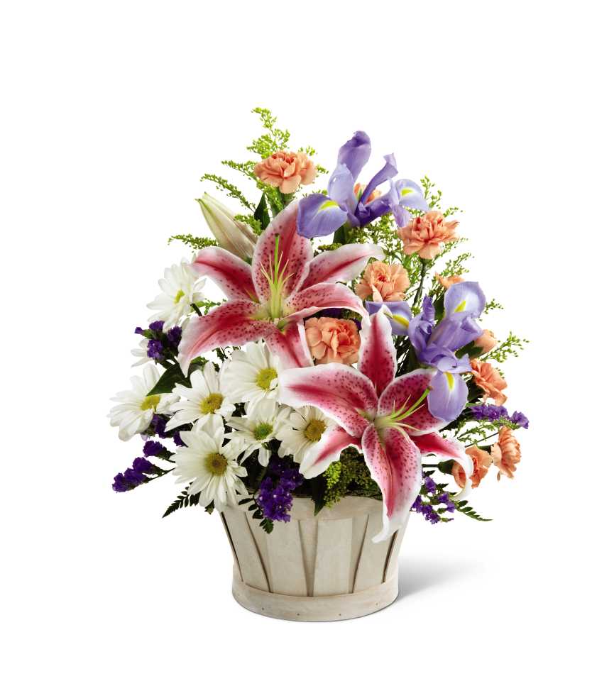 Wondrous Nature Bouquet - The Wondrous Nature Bouquet is bountifully bedecked with a dazzling display of color and beauty. Stargazer lilies stretch their fuchsia petals out amongst an arrangement of blue iris, white traditional daisies, orange mini carnations, purple statice, and yellow solidago in a round whitewash handled basket, creating a delightful bouquet your special recipient will adore.