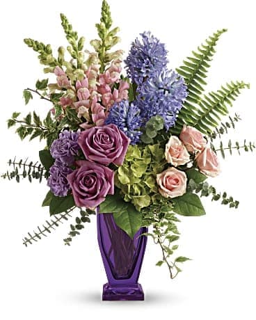 Painterly Pastels Bouquet - Impressionist inspired, this painterly bouquet of green hydrangea, pink roses and lavender hyacinth is an elegant spring surprise. Your lucky someone will adore the keepsake couture vase!  Green hydrangea, lavender roses, pink spray roses, lavender carnations, pink snapdragons and lavender hyacinth are arranged with sword fern, variegated ivy, spiral eucalyptus, and lemon leaf.  SUBSTITUTION POLICY – Always deliver the freshest flowers! Please note the bouquet pictured reflects our original design.  If the exact flowers or container in this arrangement are not available, we will create a beautiful bouquet with the freshest available flowers.
