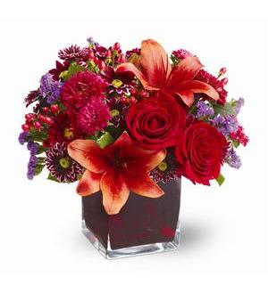 Autumn Grace Autumn Grace - Roses, lilies and asters in precious gemstone colors of garnet are nestled into a richly colored plum glass cube vase, creating a graceful presentation. Purple chrysanthemums and seafoam statice add a special touch. A beautiful bouquet for any occasion! Red roses, Asiatic lilies, Matsumoto asters and hypericum; purple daisy spray chrysanthemums and seafoam statice are delivered in a plum glass cube vase.