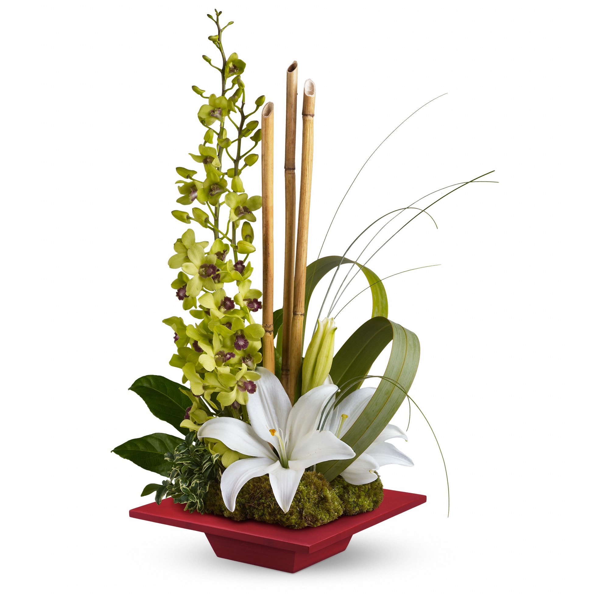 Secret Oasis - This lovely, serene bouquet makes a Zen-sational gift for any special occasion. They'll be thrilled with this artistic arrangement of orchids, lilies and exotic accents in a red bamboo dish. It's like a trip to Shangri-La. 