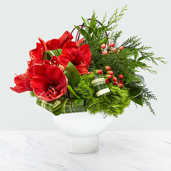 Wishlist Bouquet Wishlist Bouquet - Rich red hues and luscious greens draw in all the attention of a room, adding a vibrant touch to any environment. Comprised of red amaryllis, red dogwood branches, and green trick dianthus set in a modern, white ceramic bowl, the Wishlist Bouquet is a truly captivating collection of flowers.