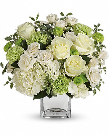 Shining On Bouquet - Let your love shine! No matter the recipient or the occasion, this stunning monochromatic mix of hydrangea and roses, hand-delivered in a shimmering silver cube, is destined to delight and inspire.  This bouquet of blooms includes white hydrangea, white roses, white spray roses, green carnations, green button spray chrysanthemums and pitta negra. Delivered in a silver mirrored cube vase.
