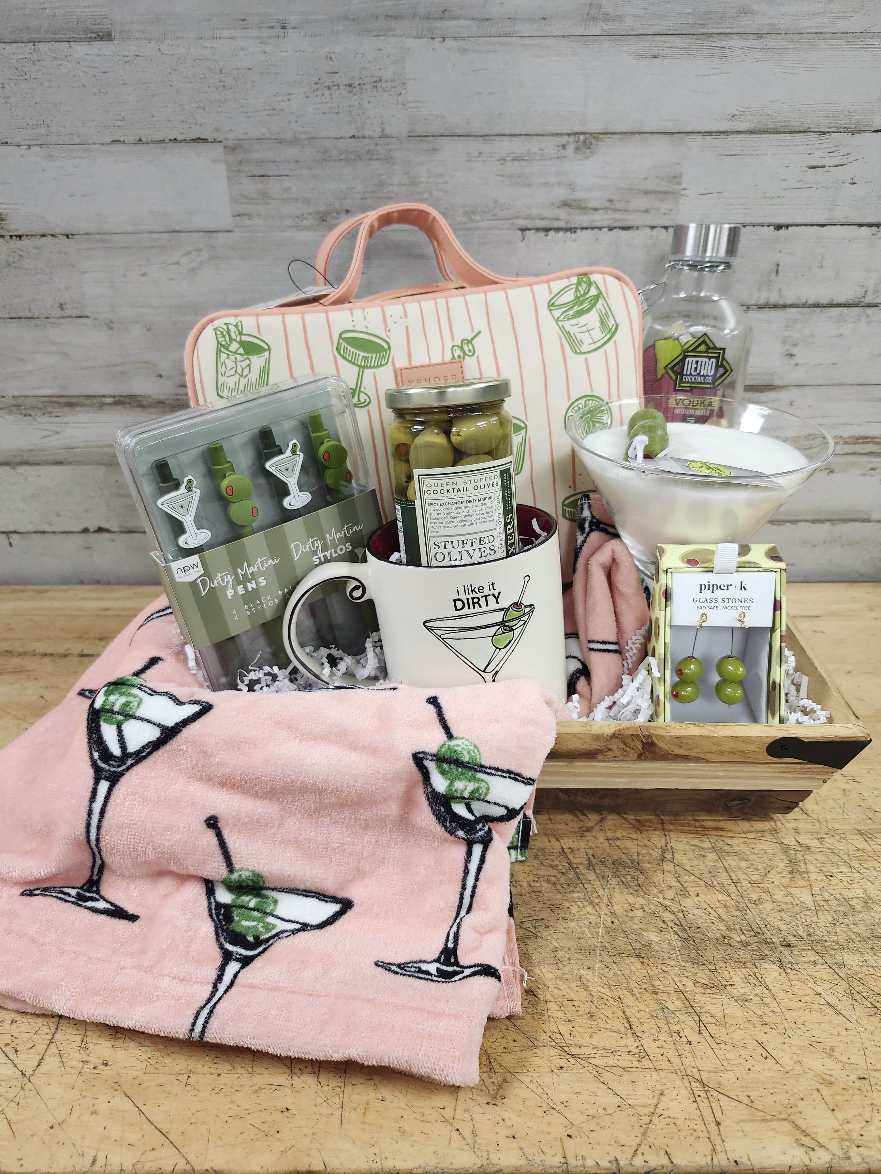 I Like It Dirty - $190 - The perfect gift for the martini lover in your life.  Luxe Beach or Bath Towel Martini Candle in Martini Glass Martini Mug Martini/Olive Themed Pens Martini Makeup Bag Olive/Martini Skewer Earrings Pomegranate Martini Mix Premium Olives