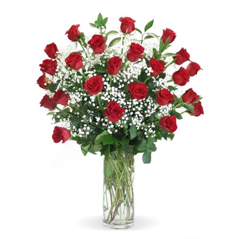 Two Dozen Roses with Baby's Breath - Simple elegance describes this 2 Dozen Arrangement. Color of roses can be customized. 