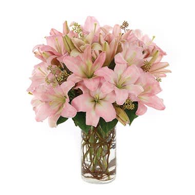 Simply Lily-Pink - The color pink takes a well deserved bow on center stage in this splendid and lovely lily arrangement complemented by a clear cylinder vase and curly willow accents. Measures 18&quot;H by 14&quot;L.