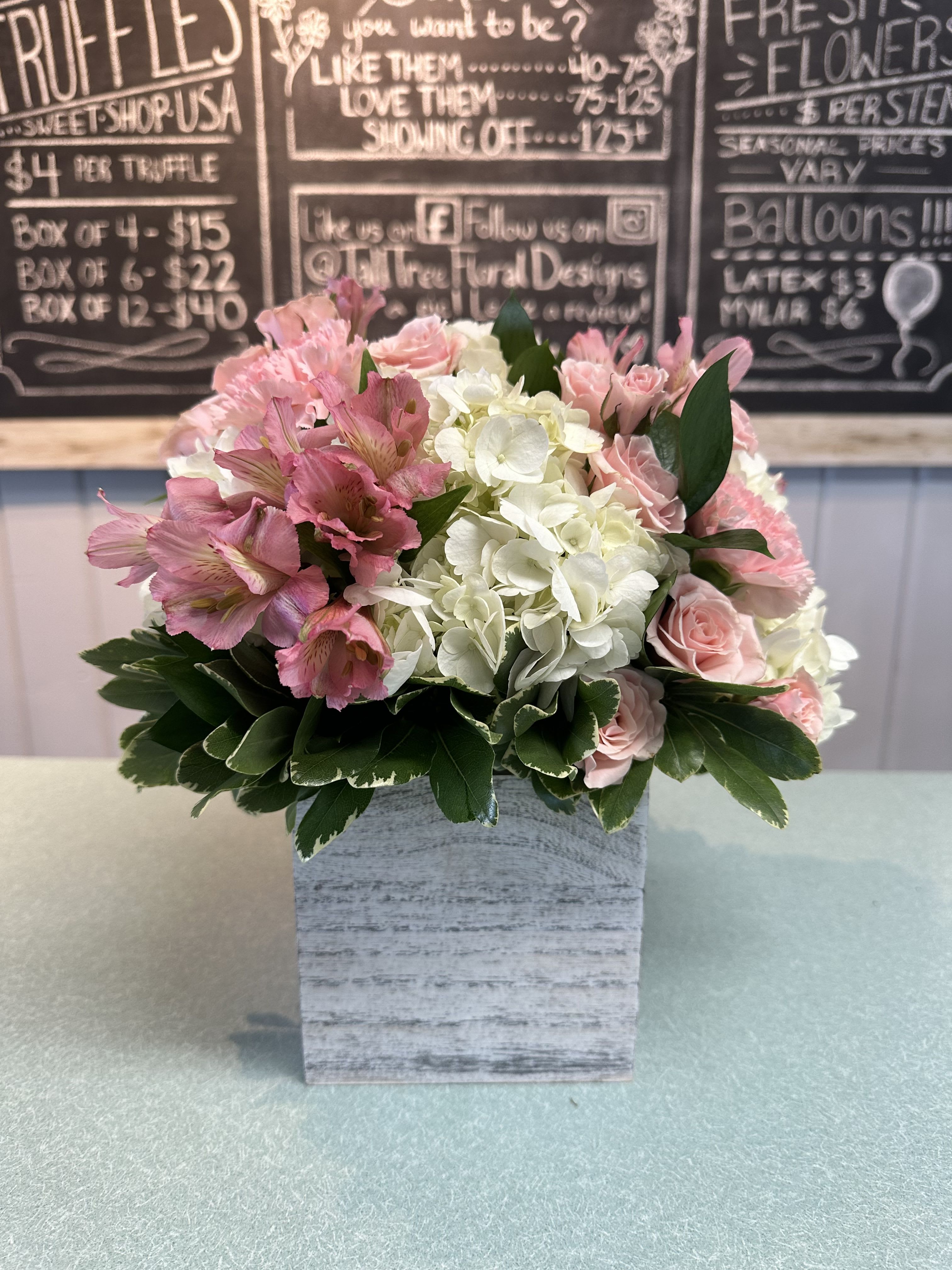 Blushing Beauty - White hydrangea, pink alstroemeria, pink carnation, pink spray roses, greenery in a white wash wooden box