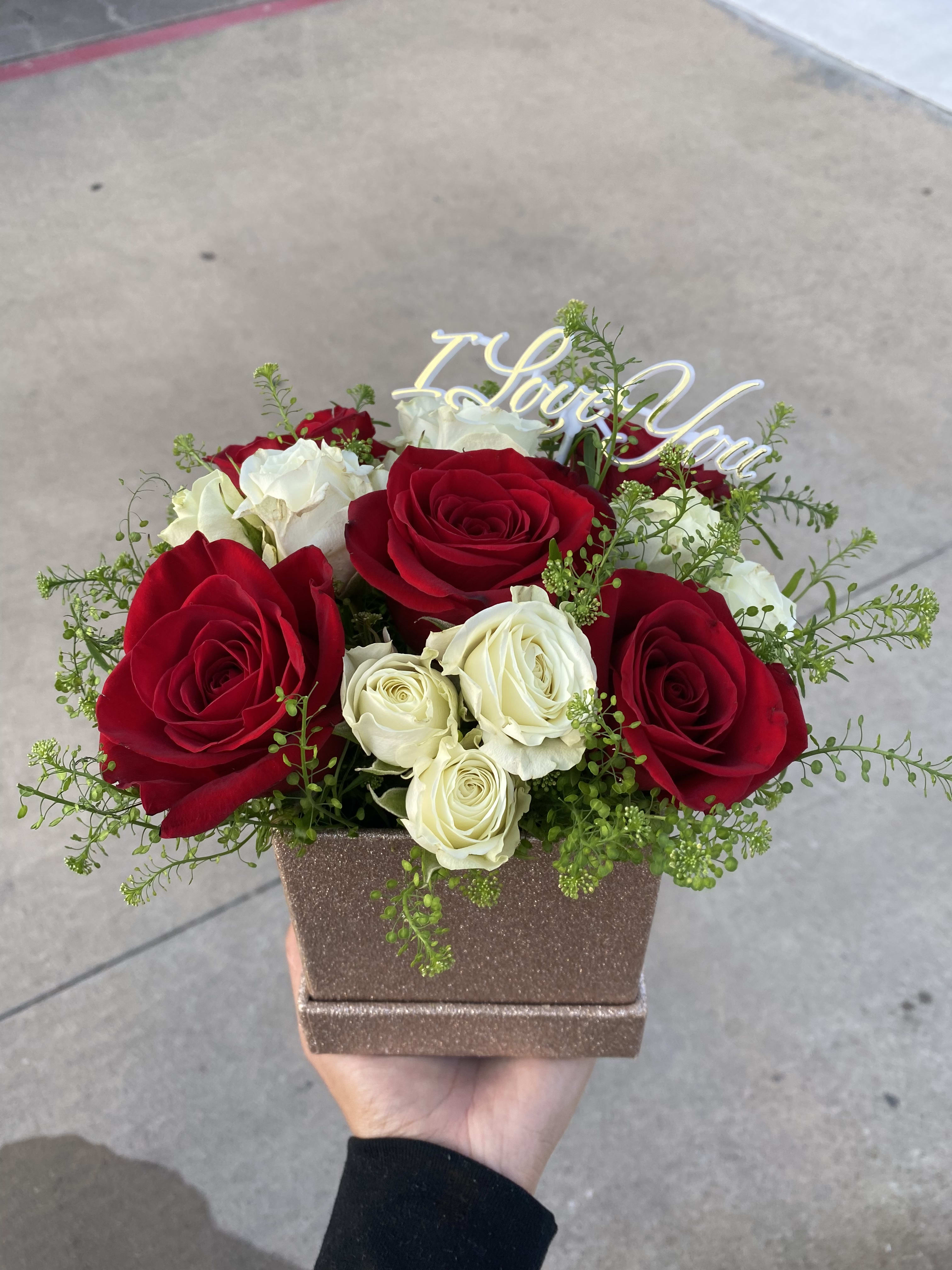 I Love You - I Love You arrangement red roses and white spray roses in gold glitter box.
